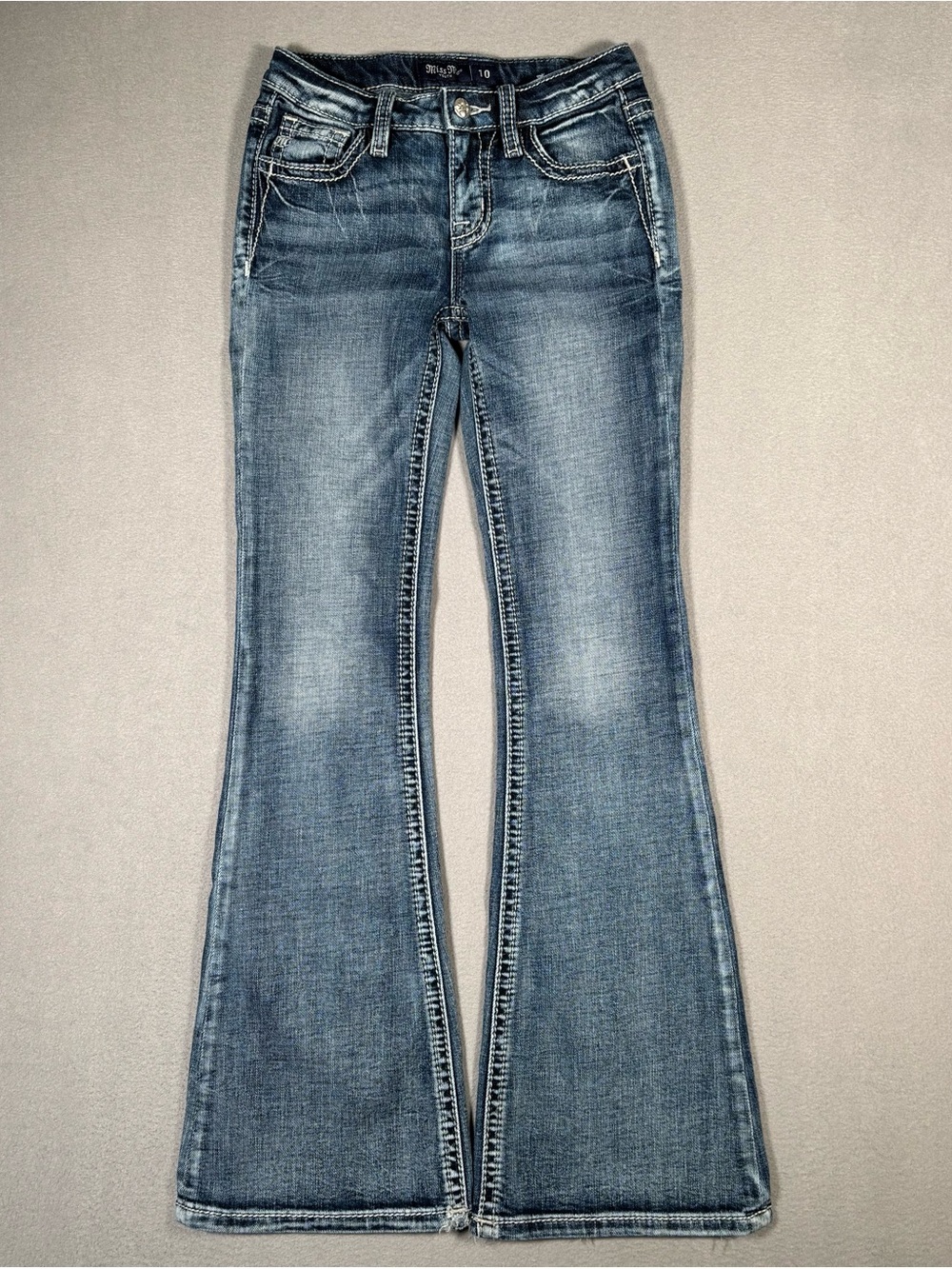 Miss Me Jeans Mid-rise Flare Youth Size 10 Embellished Denim Distressed Hem
